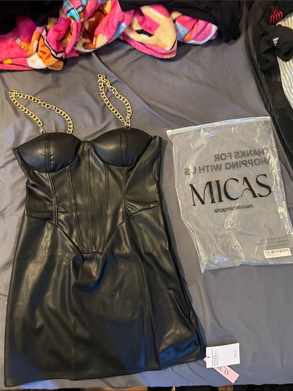 MICAS Black Faux Leather Chain-Strap Mini Dress